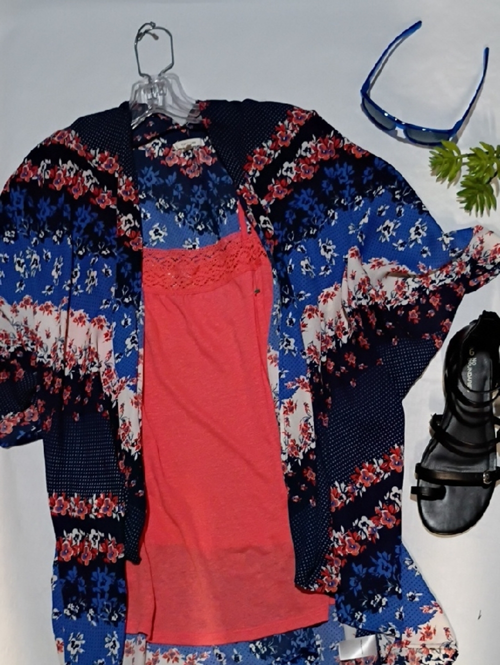 Coral Lace Tank with Blue Floral Kimono Layer